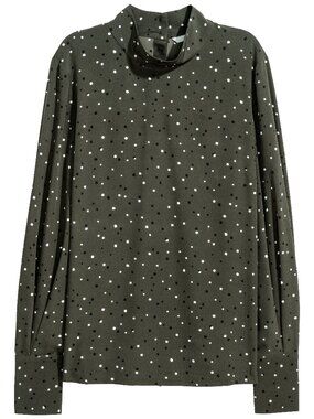 H&M | Women's Dark Green Black White Polka Dot Blouse with back and cuff buttons